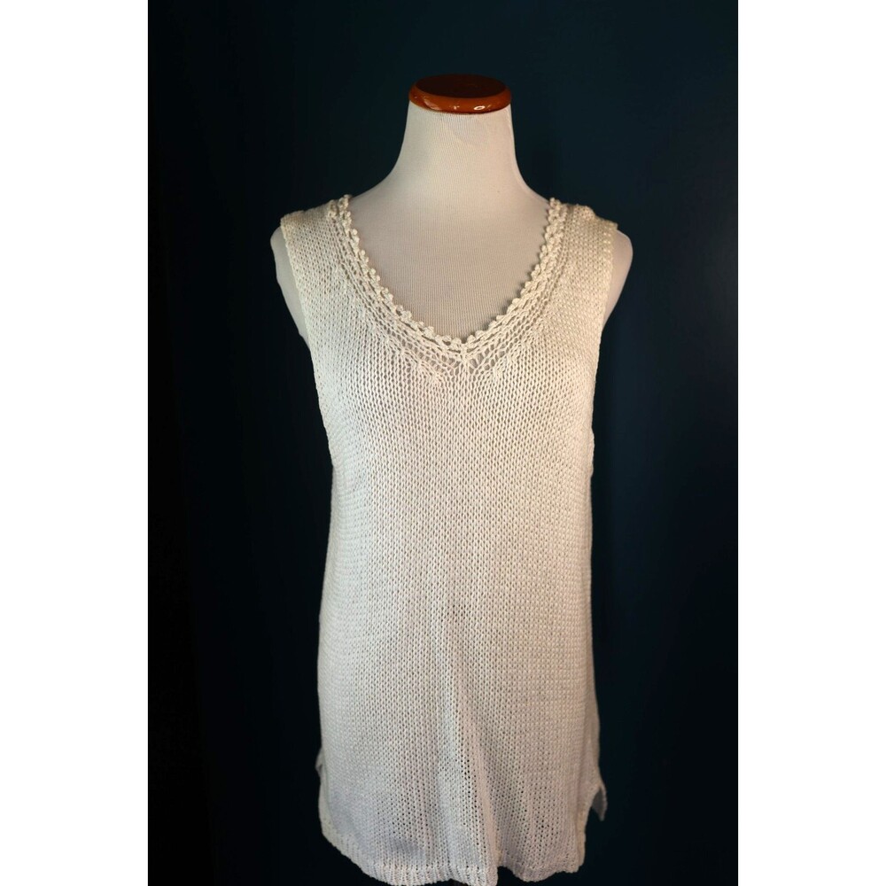 VIntage J Jill Tank Top Crochet Sweater Sheer Knit Cottagecore Beachy White L